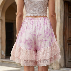 Cyflymder  New Women's Bloomer Shorts Knee Length Floral Print Drawstring Elastic Waist Lace Trim Patchwork Casual Coquette Shorts