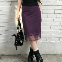 Cyflymder  Women's Summer Elegant High-Waist Purple Sheer Layered Midi Skirt Featuring a Subtle Ruffle Hem Perfect for Chic Everyday Wear
