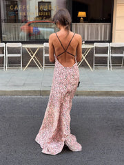Cyflymder   Women Pink Ditsy Floral Satin Maxi Dress Spaghetti Strap Deep V Neck Front Blackless Ruffle Hem Women Street Vacation Dress