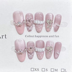 Cyflymder  10Pcs Pink Cat Eye Almond Handmade Press on Nails Fake Nails with Rhinestone Design Wearable Stick-on Nails False Nail Uñas 네일팁
