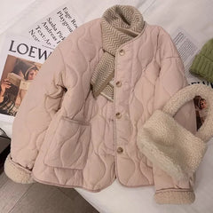 Cyflymder  Lamb Wool Cotton-padded Quilted Coats Women Wool-liner Warm Diamond Grid Jacket Lightweight Single-breasted Winter Short Coats