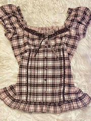 Cyflymder  Harajuku Literary O Neck Short Sleeve T Shirt Y2k Fashion Constrast Color Plaid Slim Thin Women Tops Single Breasted Punk Blouse