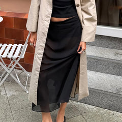 Cyflymder  Beige Casual Woven Inelastic Woman Long Skirt Soild Color Sheer Chiffon A-Line Skirt Ruffle Waistband Elastic Waist Bottom