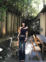 Cyflymder  Y2k Vintage Low Waist Women Flared Jeans Washed Basic American 2000s Style Denim Pants Slim Gyaru Streetwear Trousers