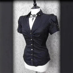 Cyflymder  Slim Polo Collar Pleated Single Breasted Waist Cinch Striped Or Solid Shirt For Women Elegant Chic Office Work Commute Gift
