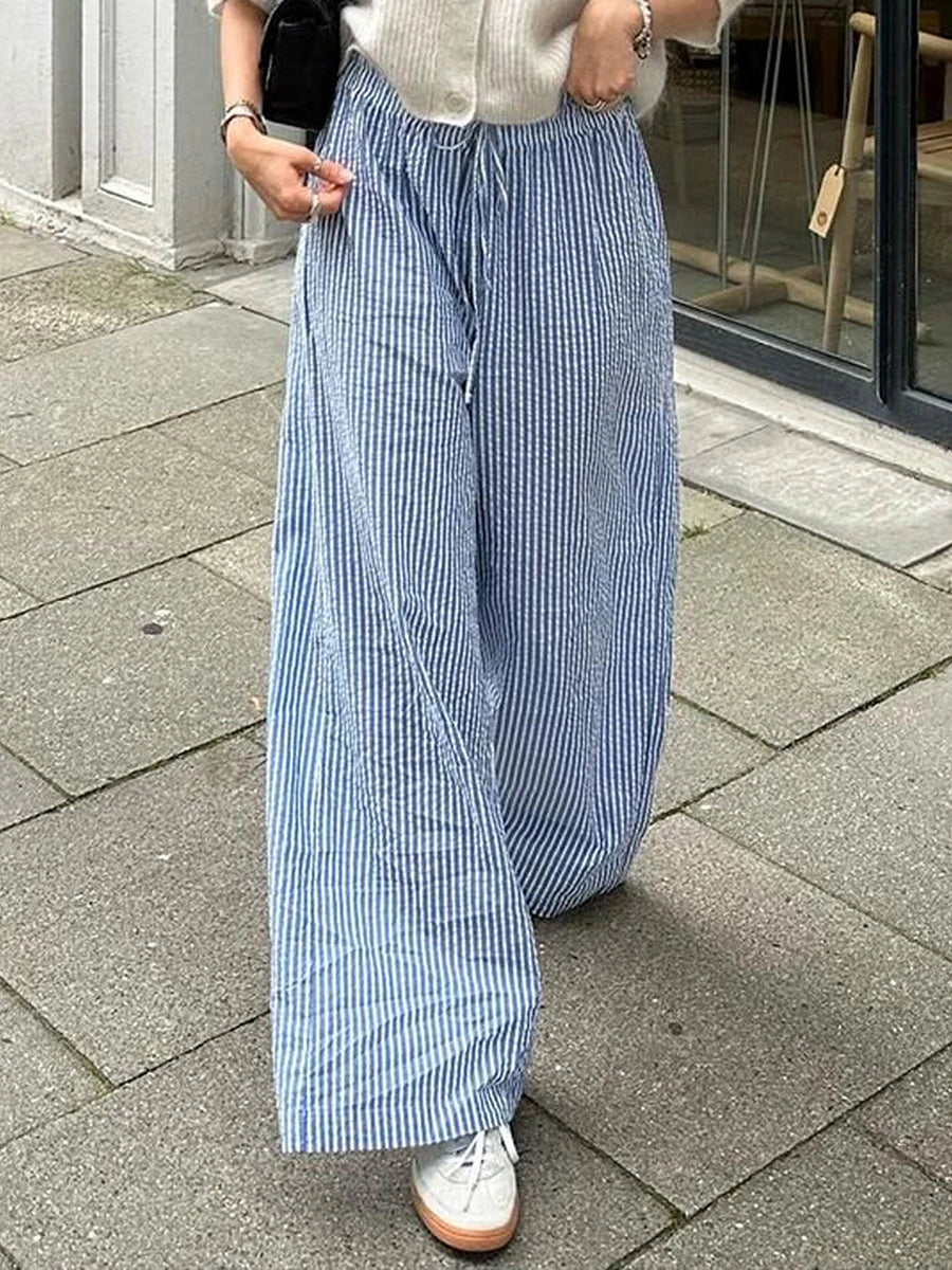 Cyflymder  Women's Spring Summer Baggy Pants Fashion Drawstring Waistband Loose Wide Leg Striped Pants Y2K Streetwear