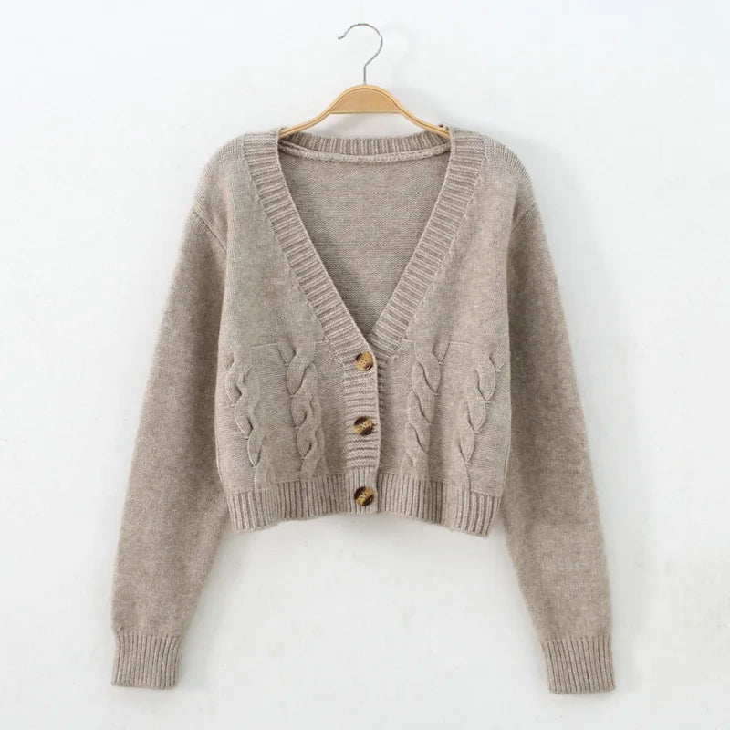 Cyflymder V Neck Cropped Cardigan Women Long Sleeve Twist Knitted Sweater Coats Autumn Winter Keep Warm Korean Fashion Jacket Cardigan