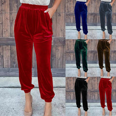 Cyflymder  Elastic Waist Straight Leg Pants Women's Casual Trousers Polyester Fiber l Waist Patchwork Mid-aged Women's Pants