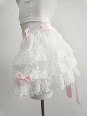 Cyflymder   Multilayered Lace Skirts for Sweet Girls Summer Ribbons Bows Decoration Elastic Waist Lolita Style White Skirt Kawaii Clothes
