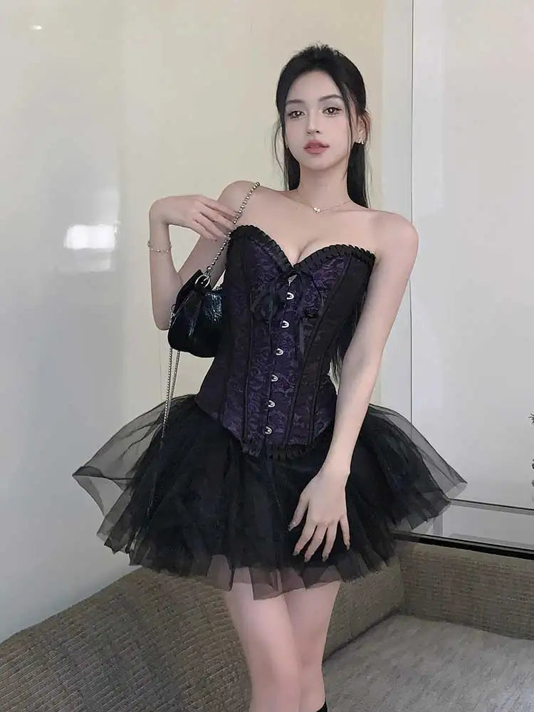 Cyflymder DRESS TO IMPRESS Overbust Corset Tulle Tutu Women 2-piece Set Hooks & Eyes Boned Lace-up Textured Tube Top Puffy Miniskirt Goth Outfits