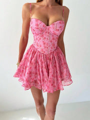 Cyflymder  Women's Sexy Camisole Floral Chiffon Backless Dress For Summer Featuring Elastic Ruched Back For Easy Wear Suitable For Beach