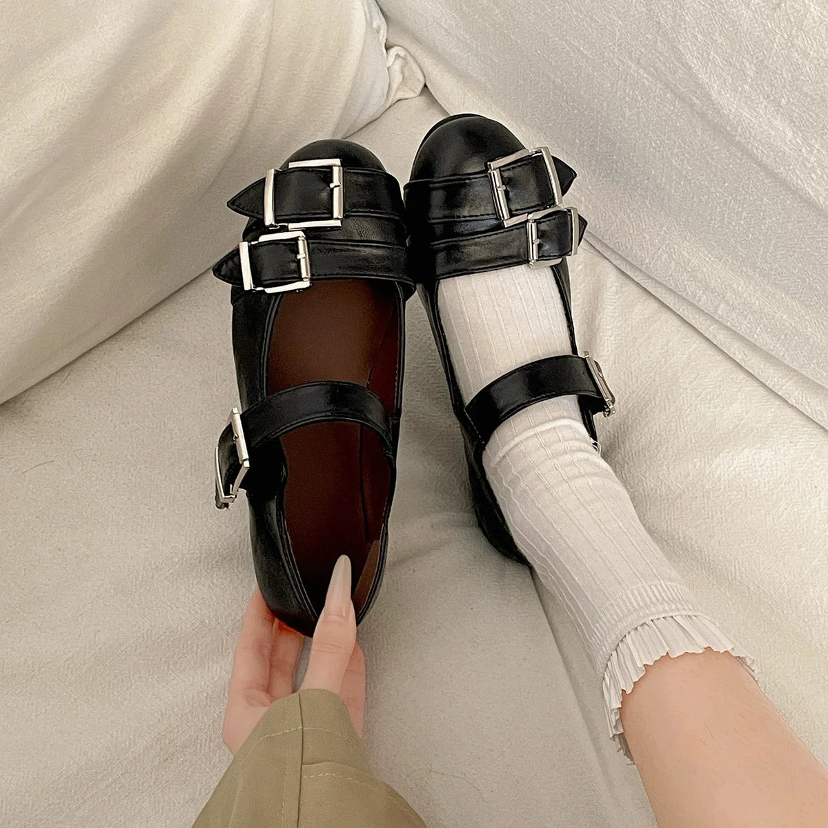 Cyflymder   Women's Black Mary Jane Flats with Triple Buckle Straps Cute Preppy Style Leather Shoes for Girls Comfortable Round Toe Loafers