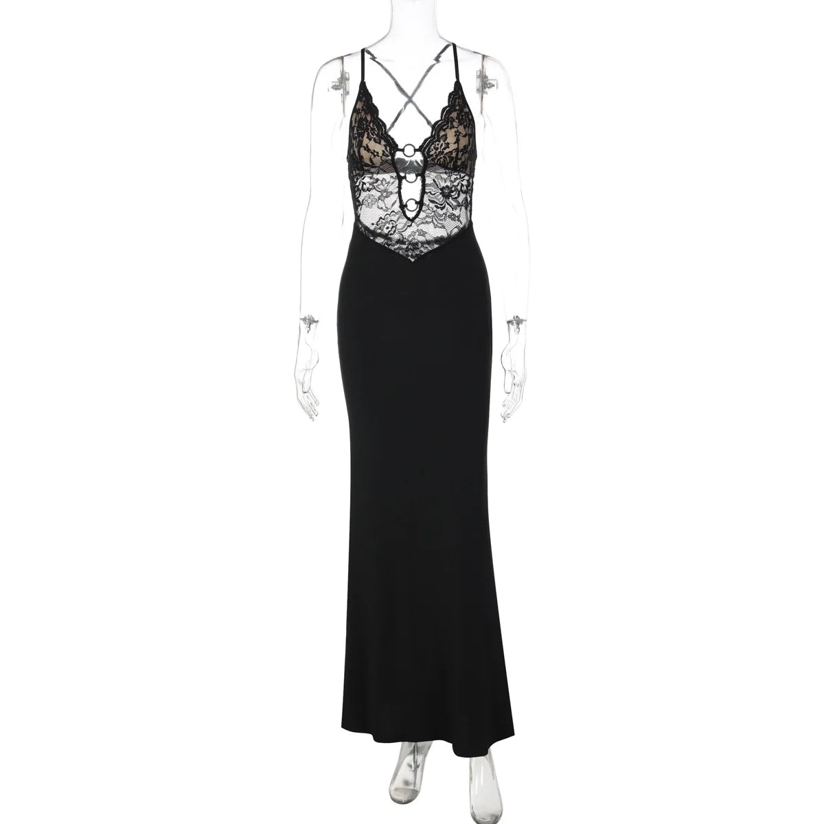 Cyflymder  Black Lace Mesh Maxi Dress for Women Sexy Metal Circle Cut Out Deep V Neck Sleeveless Criss Cross Back Bodycon Party Dress