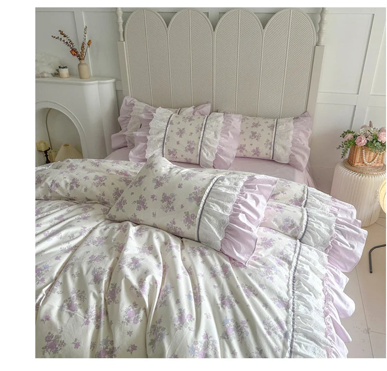 Cyflymder  Pink Floral Double Layer Lace Ruffles 100% Cotton Bedding Set Duvet Cover Set Bed Sheet/Bed Skirt/Fitted Sheet Pillowcases 4Pcs