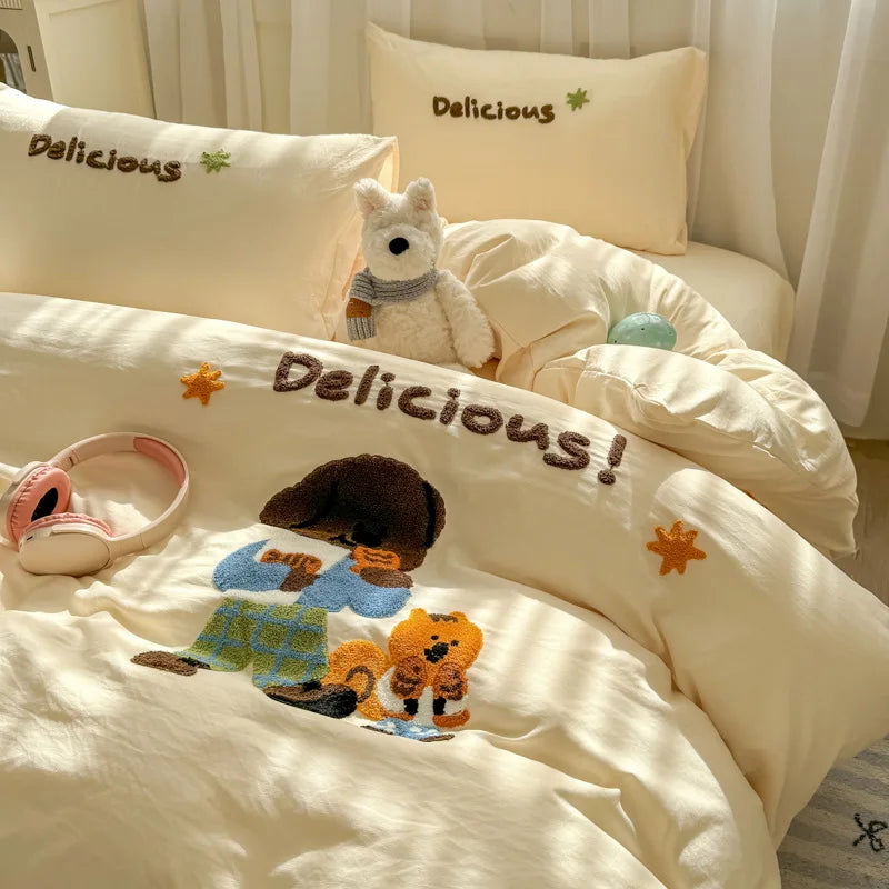 Cyflymder  New Cartoon Embroidery Bed Sets Super Soft and Cute Bedding Set for Kids Adults Comforter Cover Kit for Single and Double