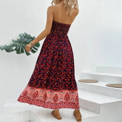 Cyflymder  Women Summer Boho Dress Ethnic Style Strapless High Waist A-Line Maxi Dress Floral High Waist Backless Off Shoulder Beach Dress
