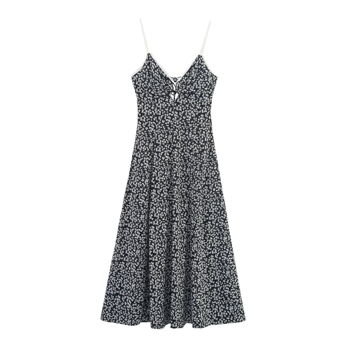 Cyflymder  Women's Floral Print V-Neck Midi Camisole Dress Sleeveless Backless Lace-Up Waist Cinching Autumn Fashionable Dress