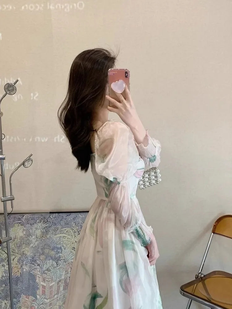 Cyflymder  Dresses Women Floral Printed Square Collar Puff Long Sleeve French Style Chic Temperament Elegant Dress Female Fashion
