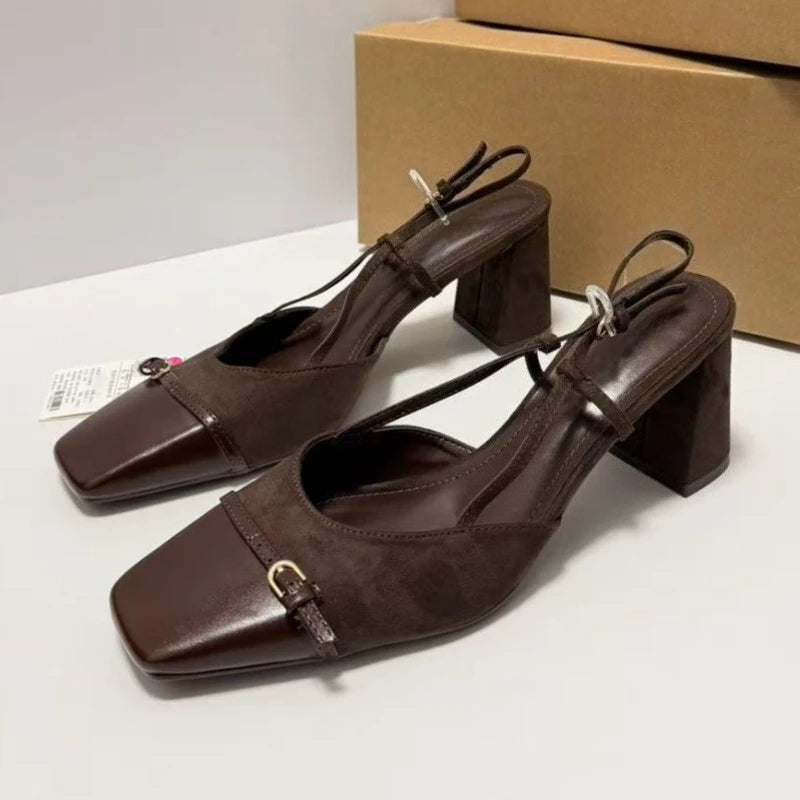 Cyflymder   Chunky Heels Summer Women Slingback Sandals Vintage Square Toe Brown Suede Buckle Belt Patchwork Elegant Office Ladies Shoes