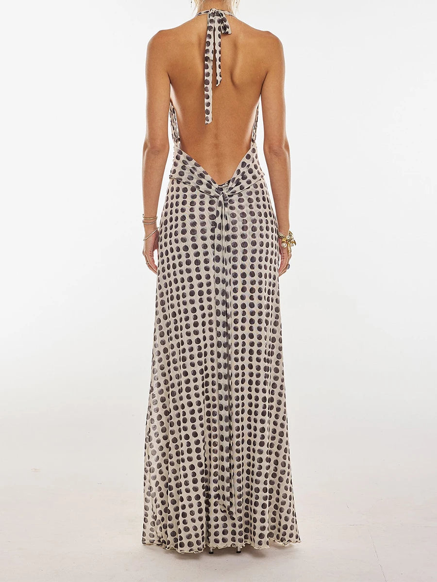 Cyflymder  Elegant Floral Print Maxi Dress Sleeveless Halter Neckline with Open Back Women s Summer Party Gown in Polka Dot Pattern