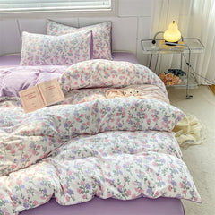 Purple Flowers Bedding Sets Romantic Floral Duvet Covers Bed Flat Sheet Pillowcases Washed Cotton Quilt Cover Girls Bed Linen