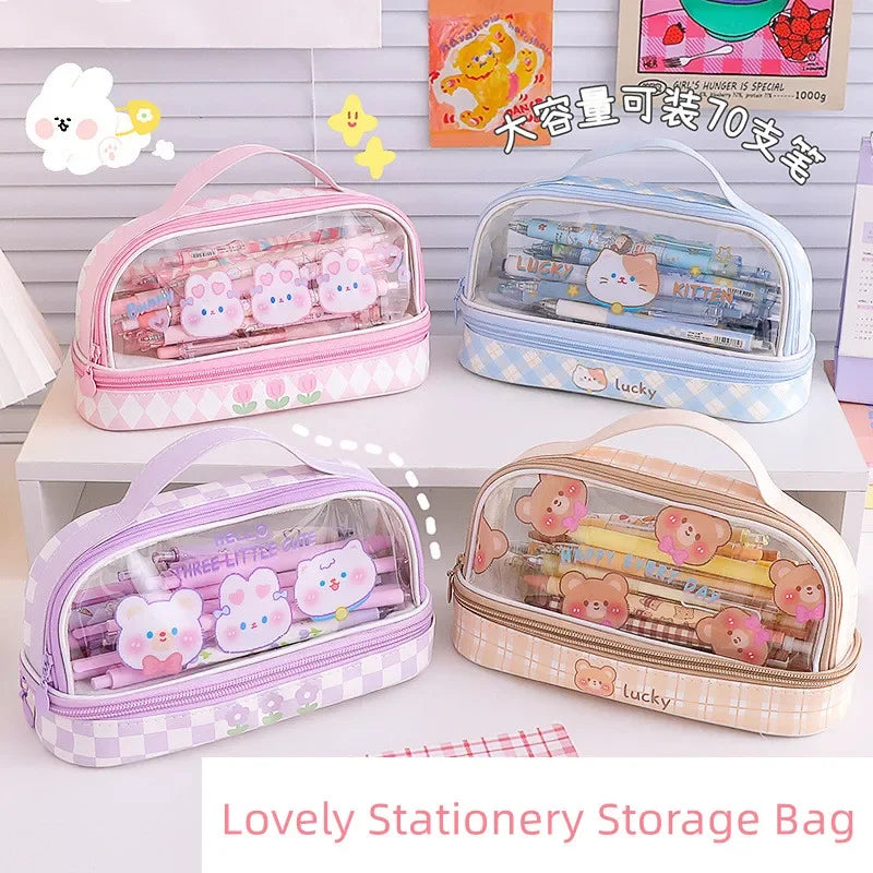 Cyflymder  Cute Transparent Pencil Case Kawaii Bunny Bear Pencil Pouch 2- Layer High Capacity Waterproof Protable Stationery Storage Bag