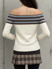 Cyflymder  Harajuku Slash Neck Stripe Sweaters Grunge Vintage Women Star Jacquard Pullovers Y2k Aesthetic Sexy Knitted Bodycon Jumper