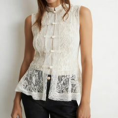 Cyflymder  Womens Ruffle Trim Lace Mandarin Collar Guipure Split Tank Top Sleeveless Shirt Blouses Vests Y2K Streetwear
