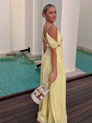 Cyflymder  Deep V-neck Backless Long Dresses For Women Off Shoulder Ruched Pleated High Split Party Dresses Summer Chic New Lady Robes