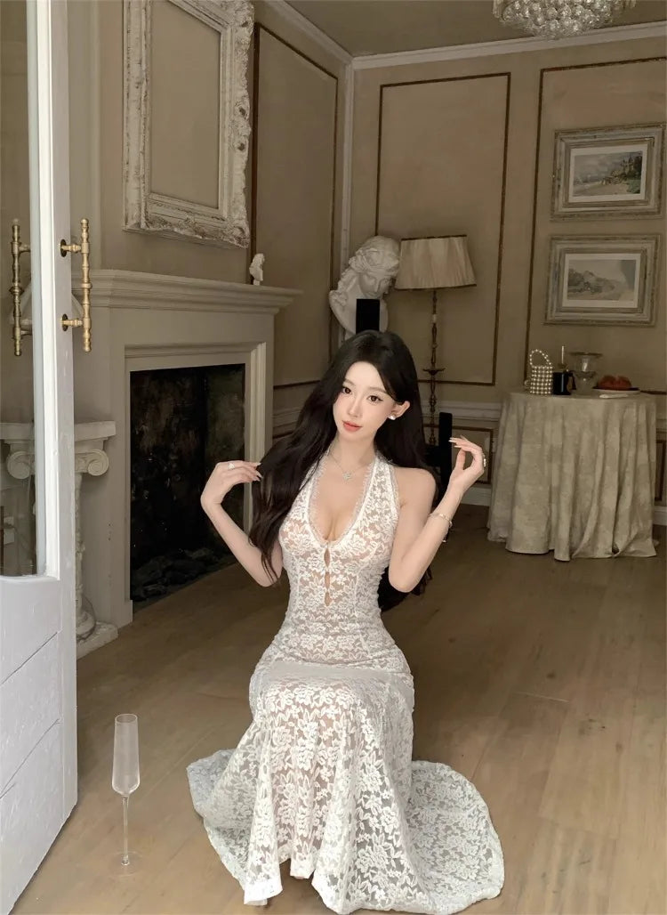 Cyflymder  Sexy Dresses Women Sleeveless Halter Backless Lace Patchwork Slim Stretch Hollow Out Backless Elegant Mermaid Dress Party