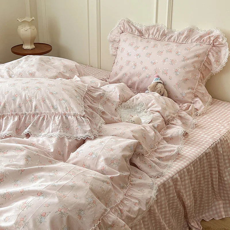 Cyflymder  Korean Princess Style Ruffles Flower Print Bedding Set Duvet Cover Set Bed Skirt Bedspread Pillowcases 100% Cotton Home Textile
