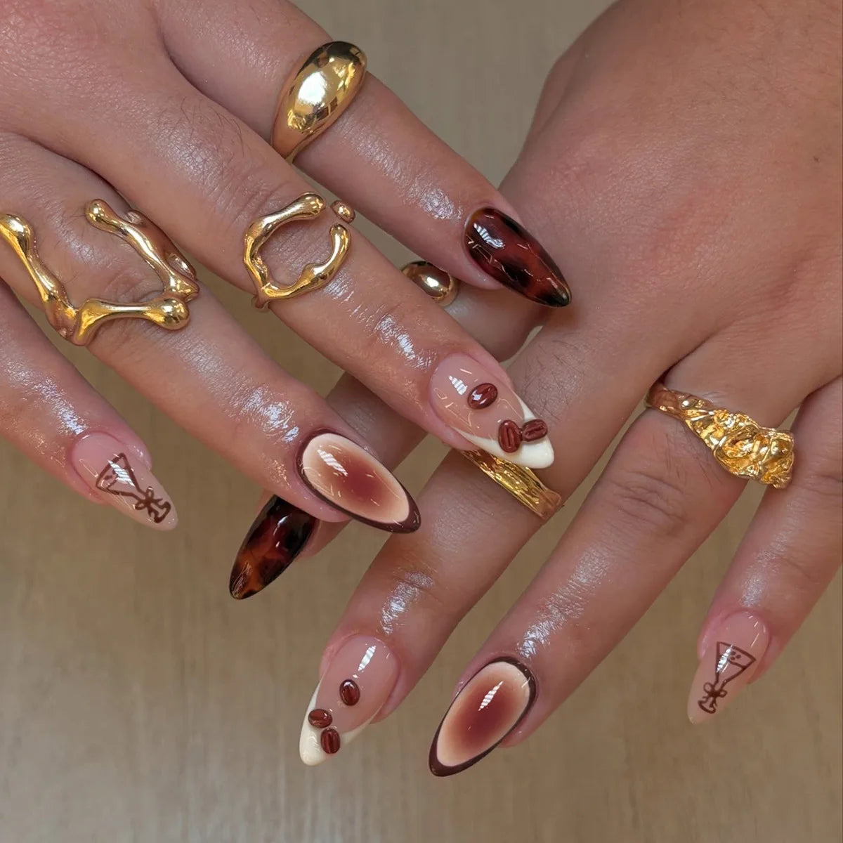 Cyflymder  24pcs Brown French Almond Press on Nails Pink Flower False Nails Wearable Stick-on Nails Fake Nail Накладные Ногти 네일팁 Uñas