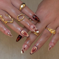 Cyflymder  24pcs Brown French Almond Press on Nails Pink Flower False Nails Wearable Stick-on Nails Fake Nail Накладные Ногти 네일팁 Uñas