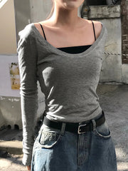 Cyflymder  Casual Solid T Shirt Basic Slim O-Neck Long Sleeve Tees Women 2025 Autumn Spring Fashion Streetwear Ladies All-Match