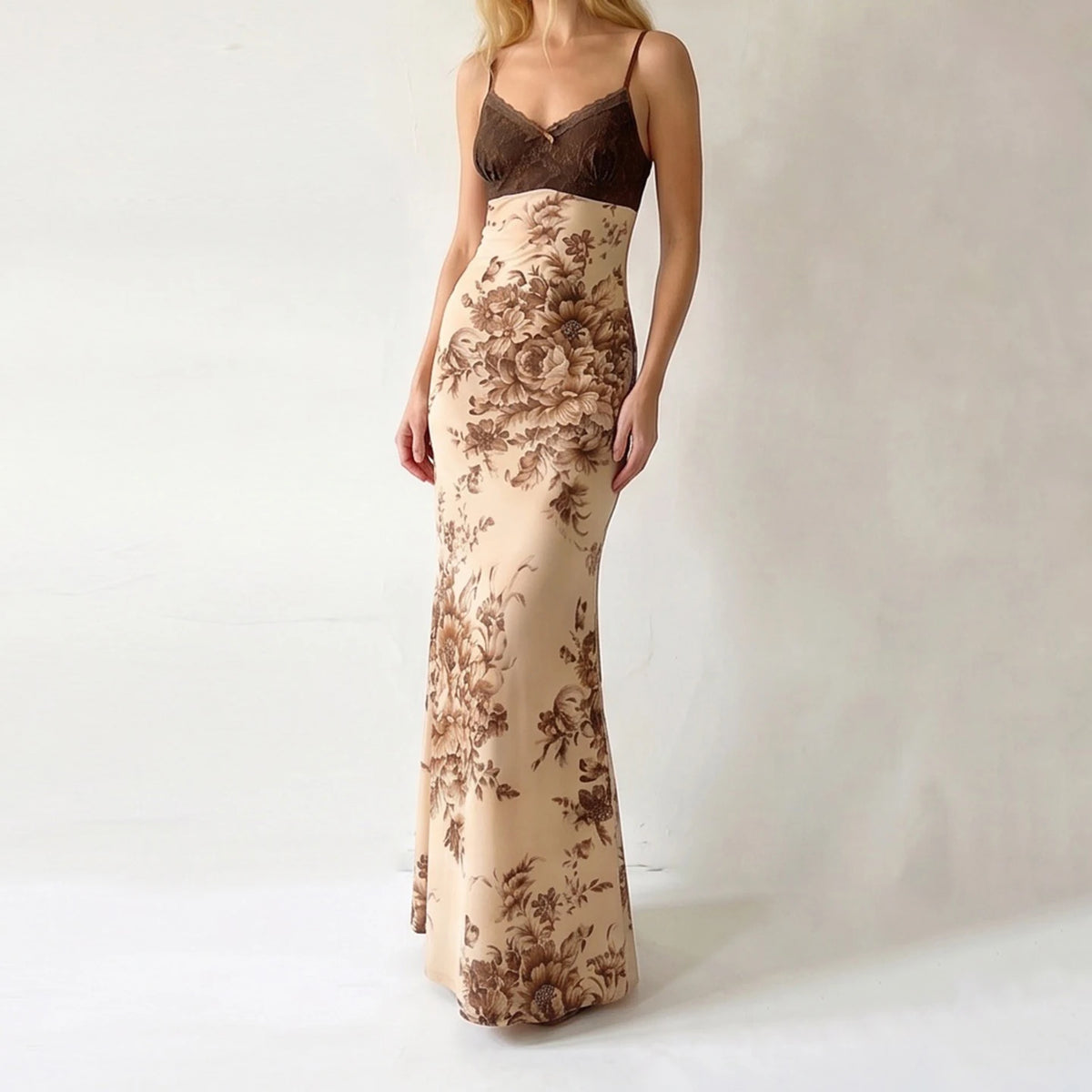 Cyflymder  Women's Elegant Brown And Cream Floral Maxi Slip Dress Lace-Trimmed Spaghetti Straps, Vintage-Inspired Floor-Length Outfits Chic