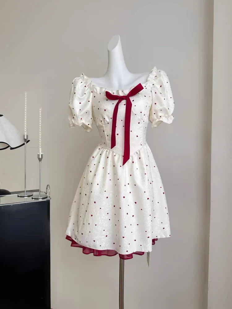 Cyflymder DRESS TO IMPRESS Summer New Sweet Mini Dresse French Square Collar Princess Bow Short Sleeve Dress Women Elegant Party Vintage Dresses Vestidos