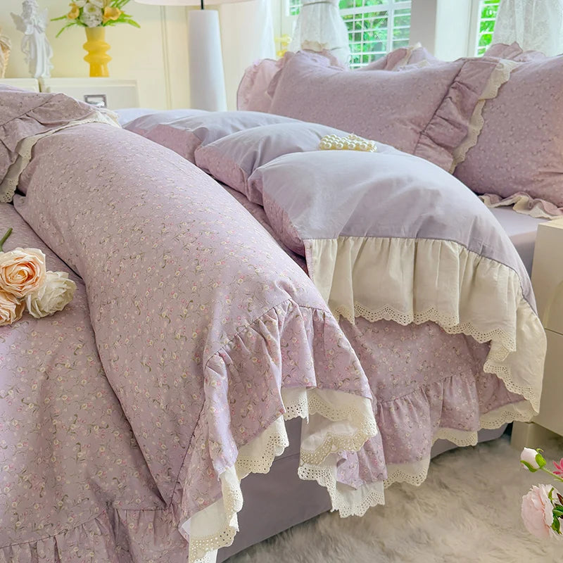 Cyflymder  Korean Princess Style Small Florals Lace Ruffles 600TC Cotton Brushed 4Pcs Bedding Set Duvet Cover Flat/Fitted Sheet Pillowcases