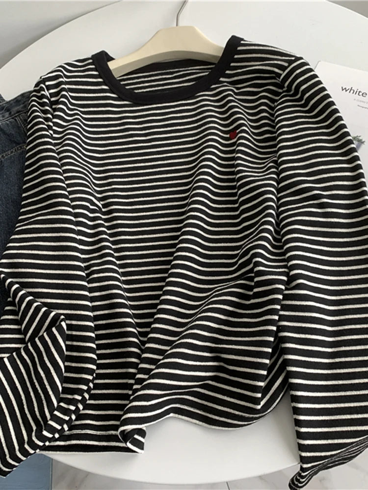 Cyflymder  Love Embroidery Striped Sweatshirt Women Casual O Neck Cute Pullovers Korean Fashion Loose Long Sleeve Sweet Elegant Tops