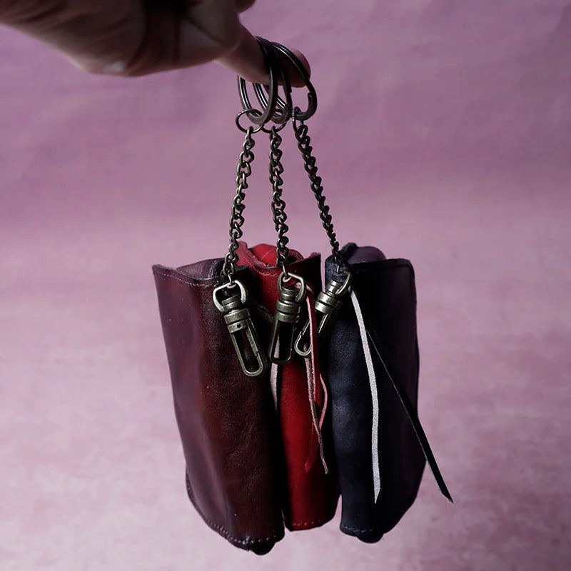 Cyflymder  Men's cowhide key bag car driver's license card bag ladies cowhide coin purse wallet retro leather waist hanging keychain