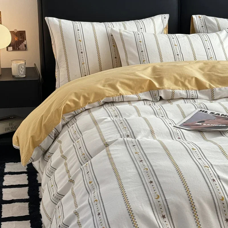 Cyflymder  4Pcs High-End Striped Jacquard Fitted Sheet Bedding 100% Cotton Soft Breathable Bedclothes Cozy Comfort Set with Corner Belt