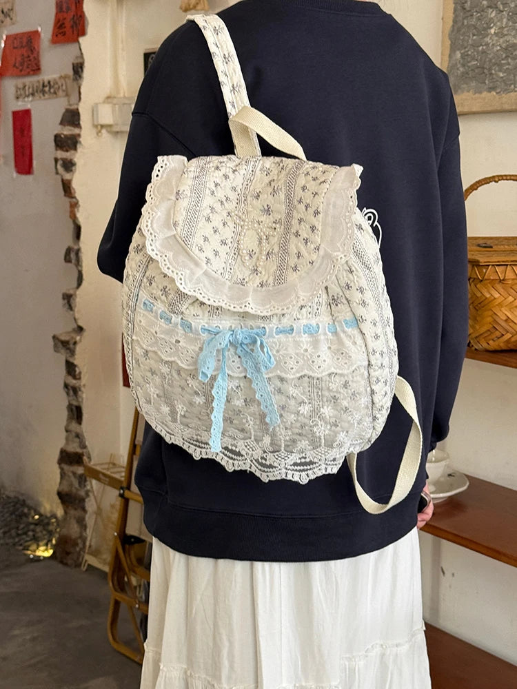 Cyflymder  Korean Lace Patchwork Sweet Bow Backpack Women Students Chic Flower Print Bow Schoolbags Y2k Aesthetic Girls All Match Backpacks