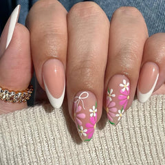 Cyflymder  Pink Purple Flowers White Bowknot French Nail Art Summer Fashion Almond False Nail Detachable Finished Fake Nails Press on Nails