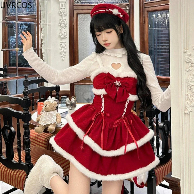 Cyflymder NEW YEAR DRESS TO IMPRESS Japanese Kawaii Lolita Dress Sets Women Hooded Shawl Short Jackets Bow Mini Skirt Korean Style Sweet Red Christmas New Year Suit