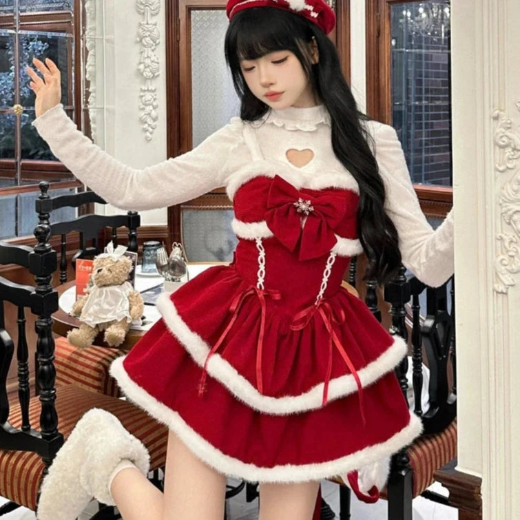 Cyflymder Japanese Kawaii Lolita Dress Sets Women Hooded Shawl Short Jackets Bow Mini Skirt Korean Style Sweet Red Christmas New Year Suit