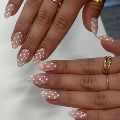 Cyflymder  24Pcs Short Almond Detachable Press on Nails Black White Polka Dot False Nails Gradient French Pearl Full Cover Fake Nails Tips