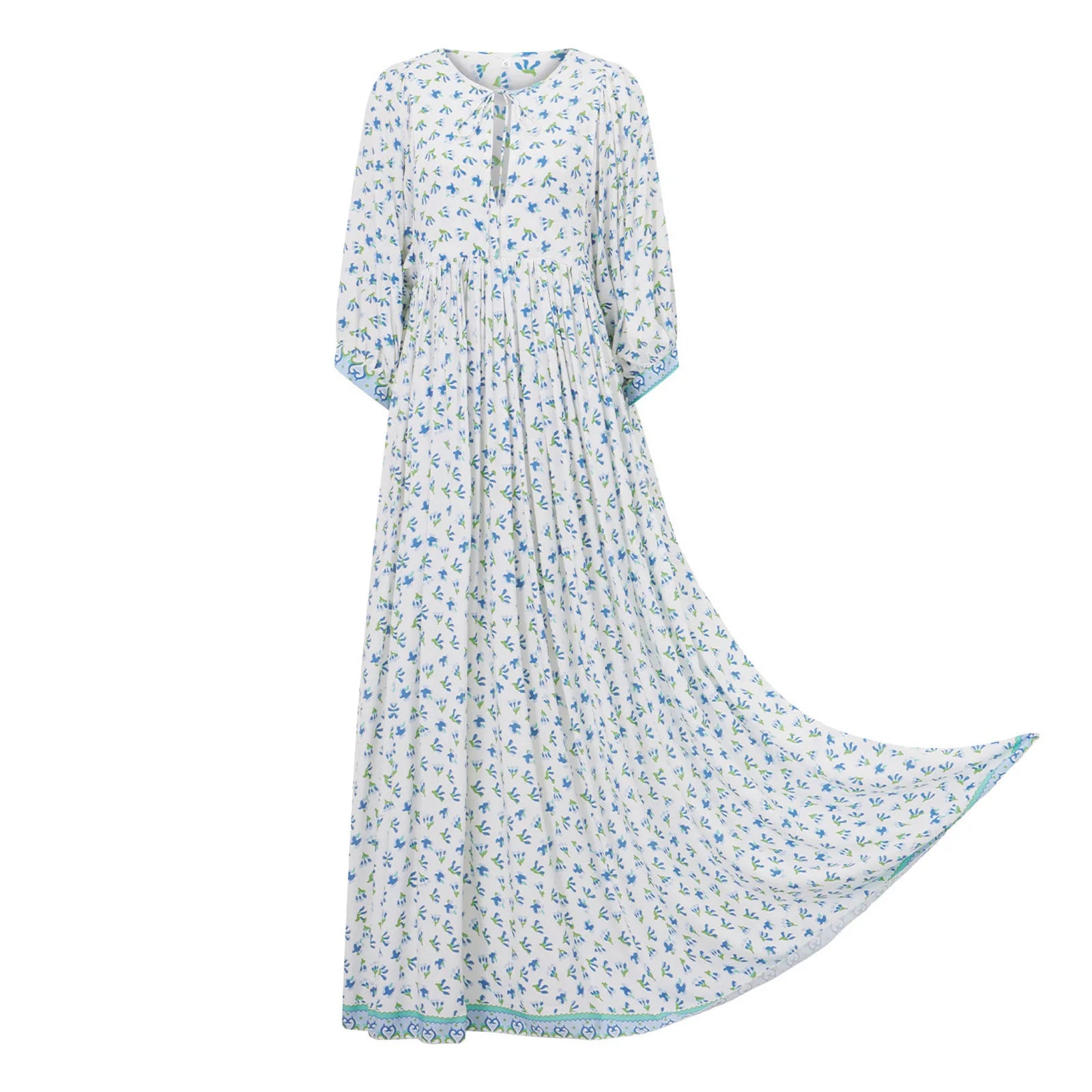 Cyflymder  Elegant Maxi Dress with 3 4 Sleeves V Neckline and Floral Print - Stylish Loose Fit Summer Dress for Casual Wear