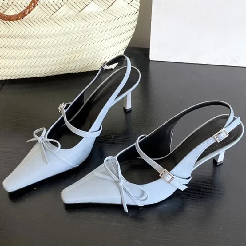 Cyflymder  Blue Patent Leather  Women Sexy Pointy Toe Bow Decorated Heeled Sandals Summer Elegant Slingbacks Dress  Pumps