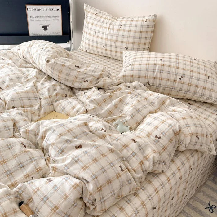 Cyflymder  Fashion Pure Cotton Grid Pattern Bedding Sets Skin Friendly Comfortable Bed Sheet Set for Adults Dormitory Home Quilt Cover Kit