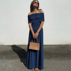 Cyflymder  Summer New Fashion Temperament Slimming Slash Neck strapless Solid Color Waist Dress