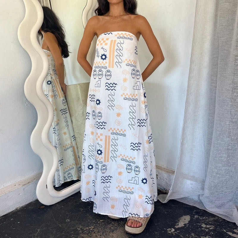 Cyflymder  Beach Holiday Strapless Maxi Tube Dress Vintage Fruit Print Backless Swing Loose Dress Women Summer Boho Off Shoulder Long Dress